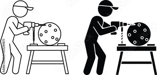 Vector illustration of person using power drill on circular object at workbench, DIY construction silhouette design, black and white stock content