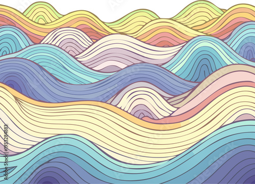 Colorful wavy lines forming abstract landscape pattern.