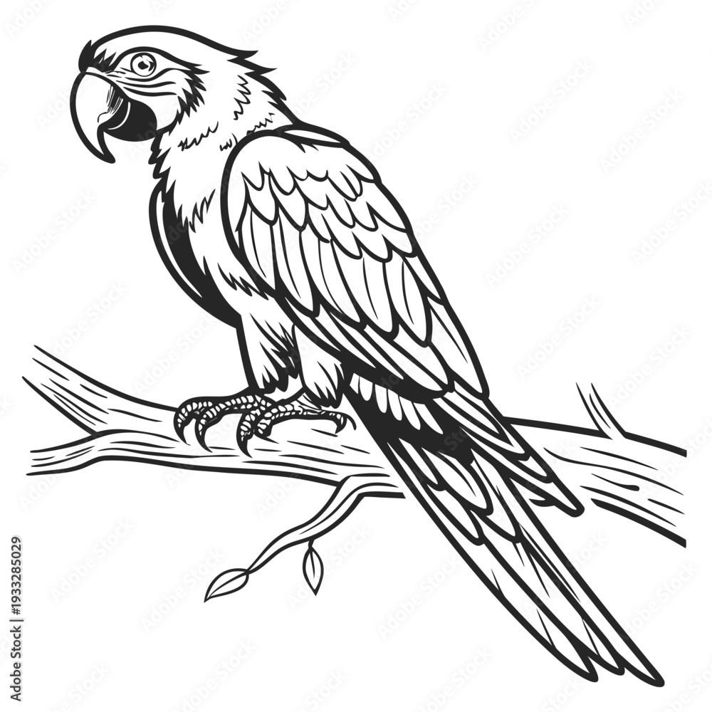 Fototapeta premium Macaw parrot sitting on a branch black and white isolated vector illustration in vintage style. 
