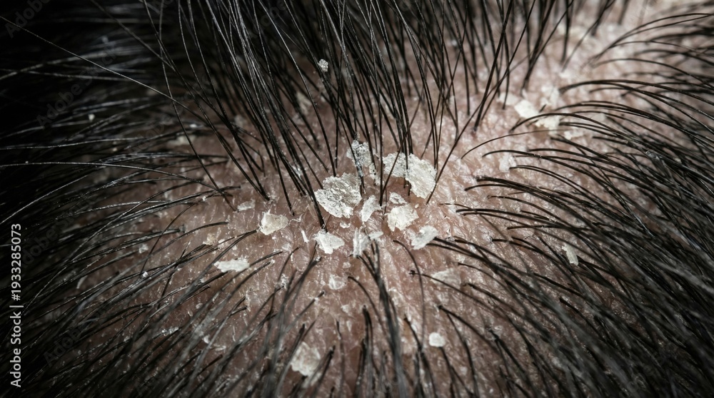 Obraz premium Macro view human scalp showing severe dandruff flakes. Highlights dermatological issues and scalp hygiene. Ideal for medical articles or hair care advertisements.