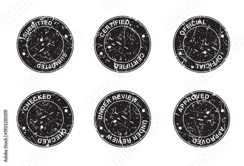 Grunge Filled Document Approval Stamp Set – Submitted, Certified, Official, Checked, Under Review, Approved
