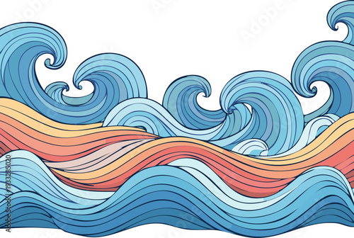 Colorful ocean waves illustration with swirling patterns and vibrant hues.