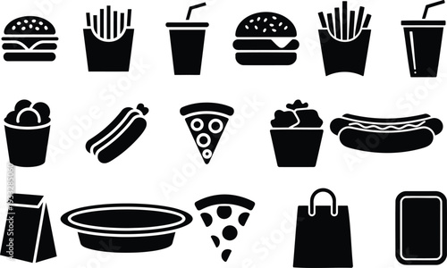 Assorted black and white icons of popular fast food items and drinks. Vector, illustration