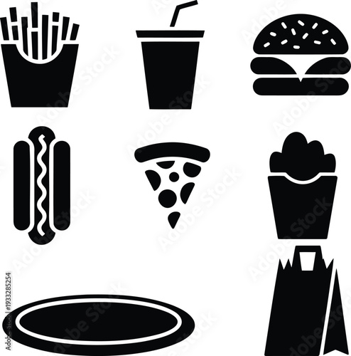 Assorted icons representing popular fast food items and beverages Vector, illustration