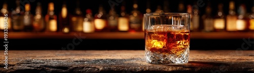 Glass tumbler containing amber spirit with ice rests upon a rustic wooden surface before a dimly lit display of bottles