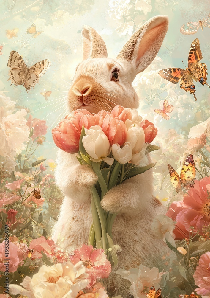 Fototapeta premium White rabbit with upright ears holds pink/white tulips in sun garden, butterflies fluttering. Soft lighting enhances pastels. Centered composition, flora/fauna surround in dreamy, painterly st