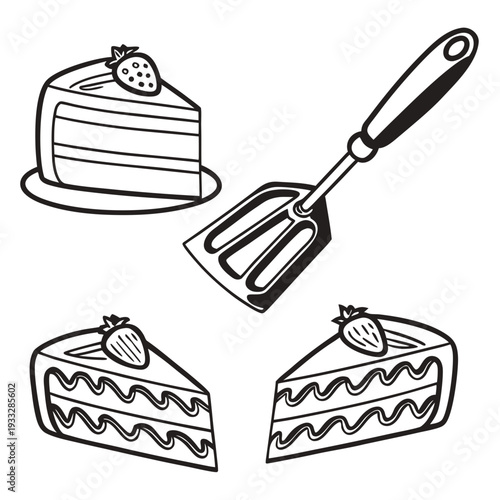 Slice of strawberry cheesecake and metal spatula for serving dessert at cafe or restaurant menu design elements collection isolated on white ground