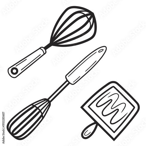 Set of kitchen tools including whisk and spatulas for baking bread or pastry in home kitchen or professional restaurant isolated on white background