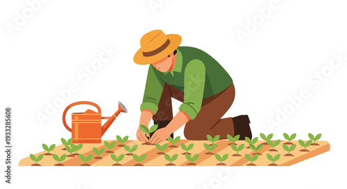 Farmer Planting Seedlings in Garden Bed Vector Illustration