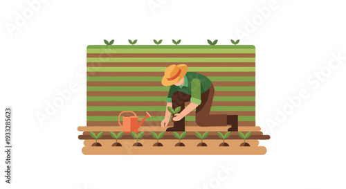 Farmer Planting Seedlings in Garden Vector Illustration