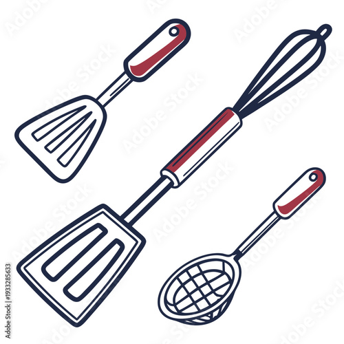 Set of cooking and baking utensils including spatulas and strainer in outline with red accents for culinary preparation