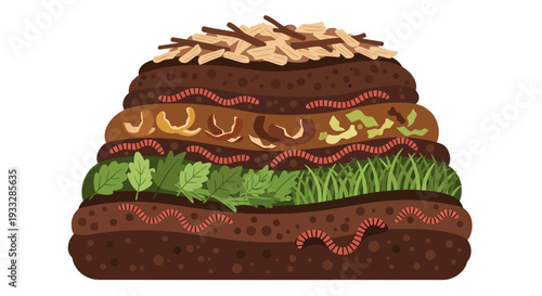 Compost Pile Layers Vector Illustration with Organic Waste and Worms
