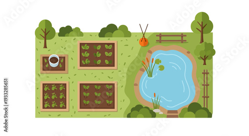 Top-down view of a garden with vegetable beds and a pond vector illustration
