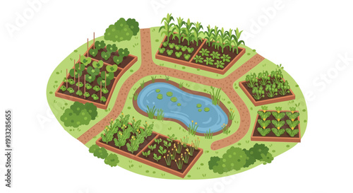 Community Garden with Pond and Vegetable Beds Vector Illustration