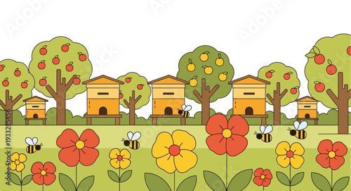 Beehives and Bees in a Flower Garden with Fruit Trees Vector Illustration