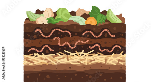 Compost Bin Layered Cross Section with Worms Vector Illustration