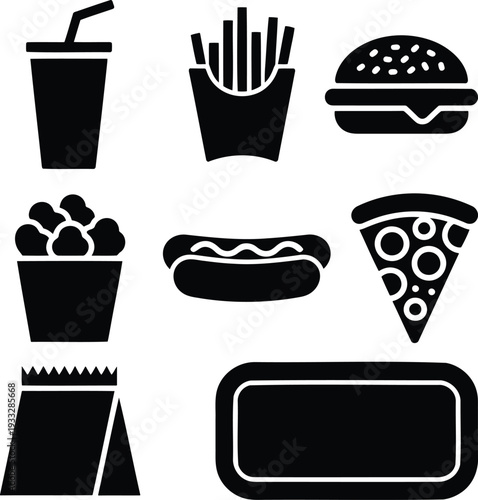 Iconic set of popular fast food items and beverages in minimalist black and white design Vector, illustration