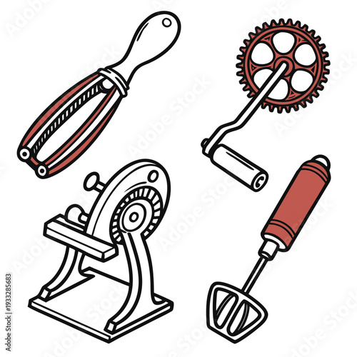 Collection of vintage kitchen mixers and whisks, antique egg beaters, hand crank mixers and dough mixers, historical kitchen equipment for baking and cooking