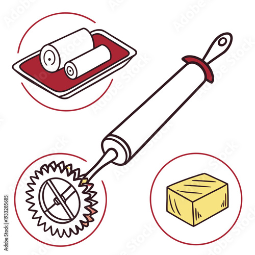 Rolling pin and dough preparation tools, including butter dish with butter rolls, serrated cutting wheel, and a block of butter, baking and cooking accessories