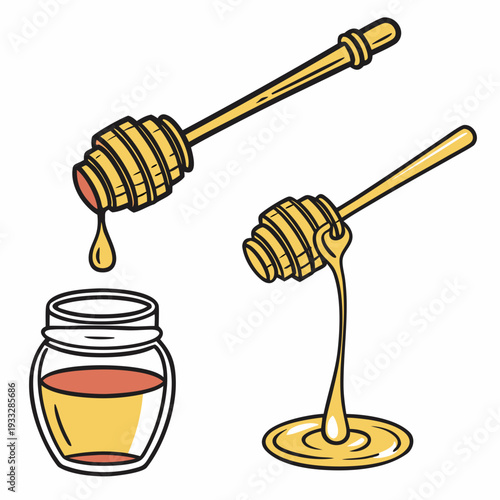 Honey dipper with wooden sticks dripping sweet organic nectar into glass jar with puddle of gold syrup flat illustration set on white background