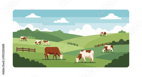 Cows Grazing on Green Pasture Hills Vector Illustration