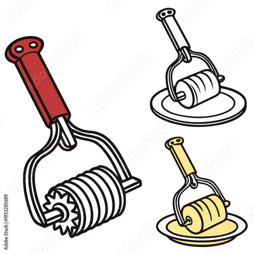Set of decorative kitchen utensils for baking dough, including pastry wheel cutters for dough and ravioli with ridged edges and smooth edges for slicing and cutting dough