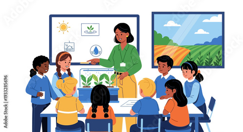 Teacher and diverse students learning about plants in a classroom vector illustration