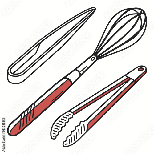 Collection of kitchen utensils including tongs whisk and tweezers on white background isolated objects for cooking food preparation and culinary tasks