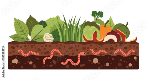 Compost pile with organic waste and worms in soil vector illustration