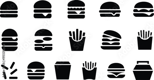 Iconic fast food items depicted in simple black and white silhouettes Vector, illustration