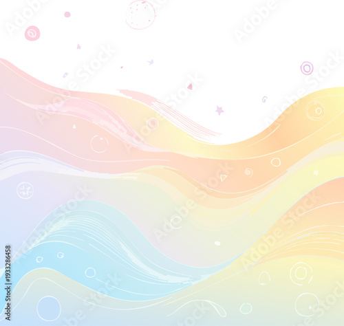 Soft pastel rainbow waves with abstract shapes and bubbles.