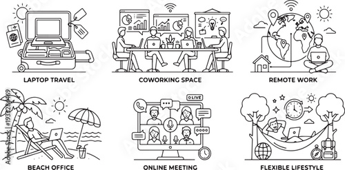 Digital nomad lifestyle icons set with remote work, coworking, travel, and flexible workspaces flat design vector illustration