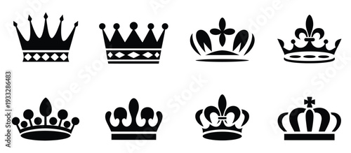 Crown Icons Set Featuring Royal Crown Symbol Collection, Elegant Vector Illustration Pack for Luxury Branding, Heraldry, Logo Design and Decorative Projects
