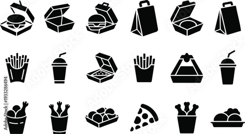 Assorted black and white illustrations of fast food items and packaging Vector, illustration