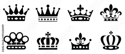 Crown Icons Set Featuring Royal Crown Symbol Collection, Elegant Vector Illustration Pack for Luxury Branding, Heraldry, Logo Design and Decorative Projects