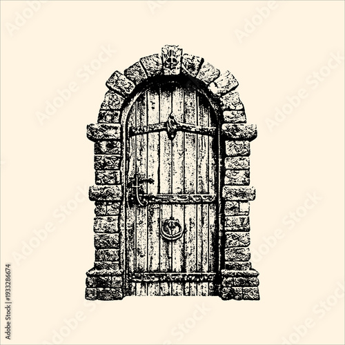 Vintage ink drawing of an arched stone entryway with a heavy wooden door featuring ornate metal hardware, symbolizing entry and mystery.