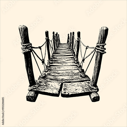 Hand-drawn illustration of a rustic rope and wood suspension bridge leading into the distance, with a creamy background. Evokes adventure and crossing barriers.
