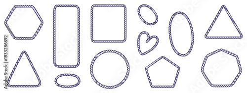 rope frame border set isolated on white bg, hexagon, square, oval and heart shape in sea sailor theme, nautical rope collection for marine design, ocean party invitations, coastal decor and maritime i