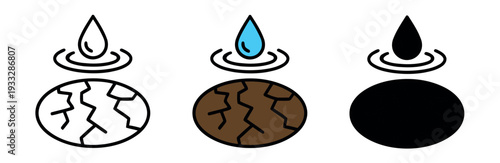 Water droplet on cracked dry earth icons set