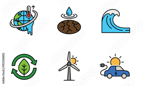 Climate Change and Environmental Issues Line Icons Set. Symbols for Global Warming, Water Scarcity, and Green Solutions.