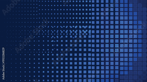 Abstract blue digital pixel grid background with glowing square pattern fading into dark gradient, futuristic technology data visualization and modern tech concept design