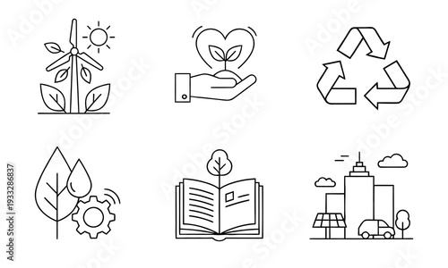 Outline Sustainability and Environment Icons Set. Eco-Friendly Symbols for Renewable Energy, Recycling, and Green Living.