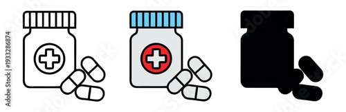 Pill Bottle and Capsules Icon Set for Pharmacy, Medicine, and Treatment Concepts
