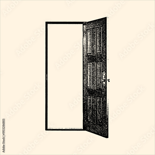 Minimalist ink illustration of an open, six-paneled door with a vintage doorknob, set against a plain background, symbolizing opportunity and new beginnings.