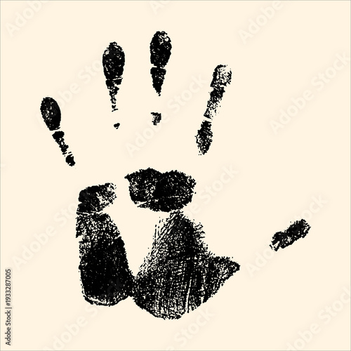 Textured ink imprint of a human hand, palm open, symbolizing presence, identity, and human touch.