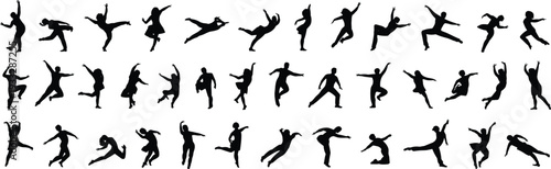 Dancing people silhouettes set jumping running action poses energetic movement isolated on white background fitness freedom celebration