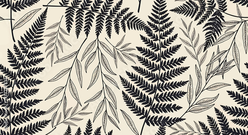 Black and white fern leaves seamless pattern vector