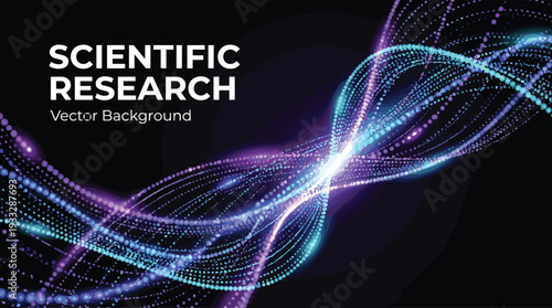 Scientific research abstract background with glowing DNA helix strands and neon particle waves, futuristic biotechnology and medical innovation concept vector illustration design