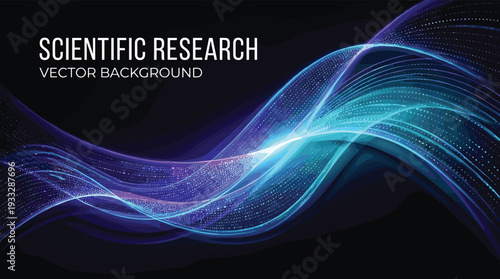 Scientific research abstract background with flowing neon particle waves and glowing data streams, futuristic biotechnology and medical innovation concept vector illustration design