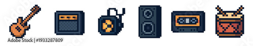 Pixel art collection of musical instruments and audio equipment including a guitar, amp, speakers, cassette player, and drum in a retro 8-bit video game style illustration